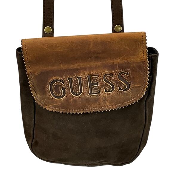 Vintage Guess Brown Tooled Leather Crossbody Boho Saddle Bag Purse - Picture 1 of 11